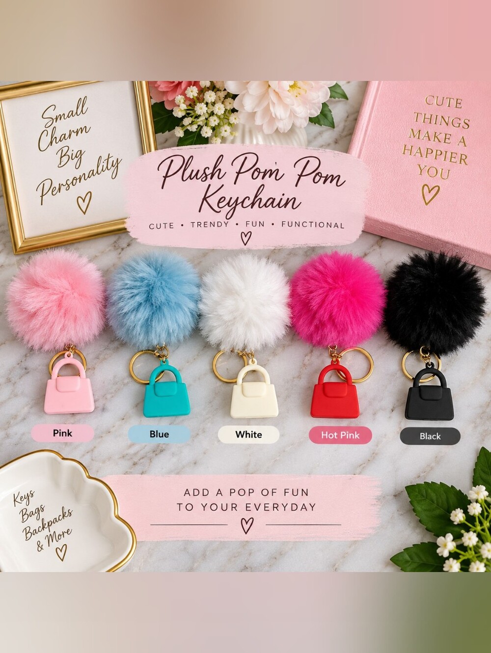 Fluffy Pom Pom Purse Charm Keychain w/ Mini Handbag – Multiple Colors